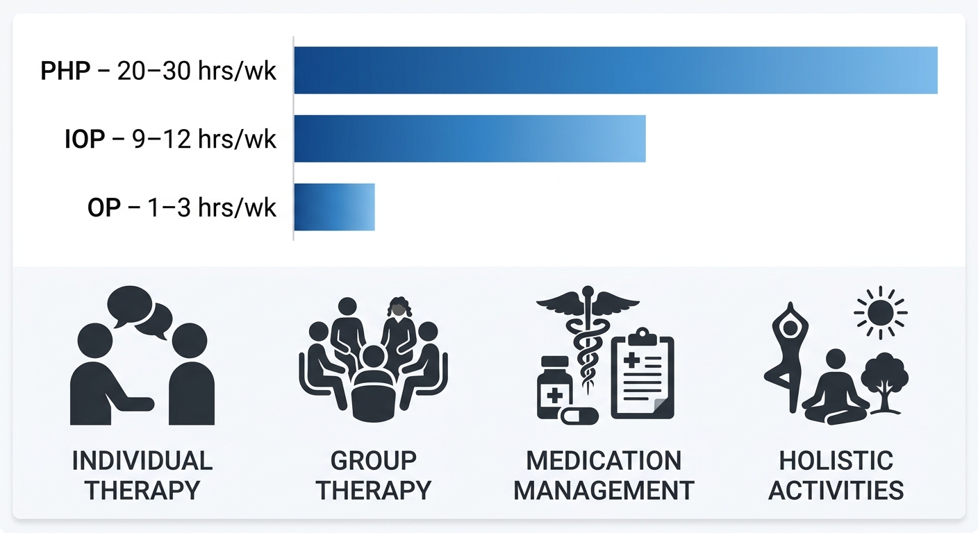 Horizontal bar chart comparing PHP, IOP, and OP weekly hours, with therapy component icons.