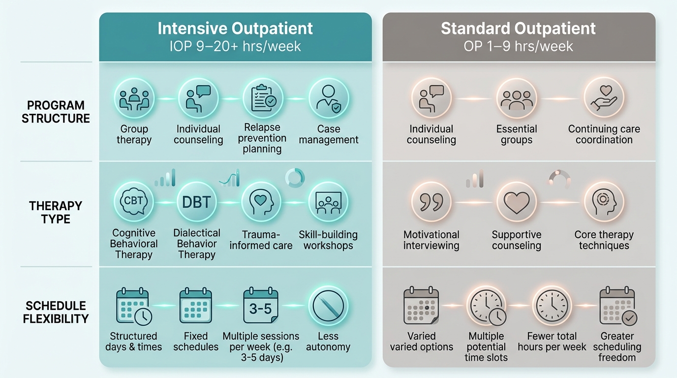 Side-by-side comparison infographic of Intensive Outpatient Program and Standard Outpatient rehab levels, showing hours, therapy types, and schedule structures.