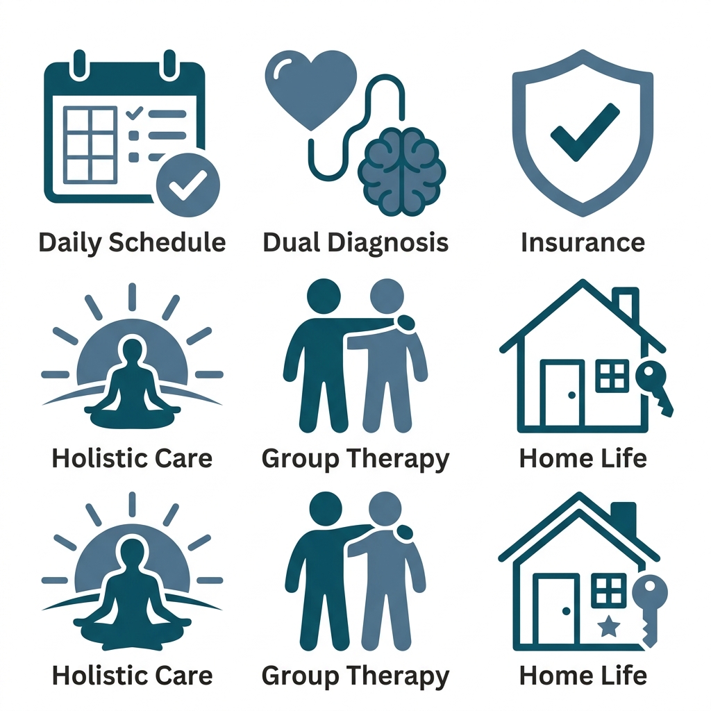 A clean 2x3 grid of six teal and blue icons on a white background, with labels for daily schedule, dual diagnosis, insurance, holistic care, group therapy, and home life.