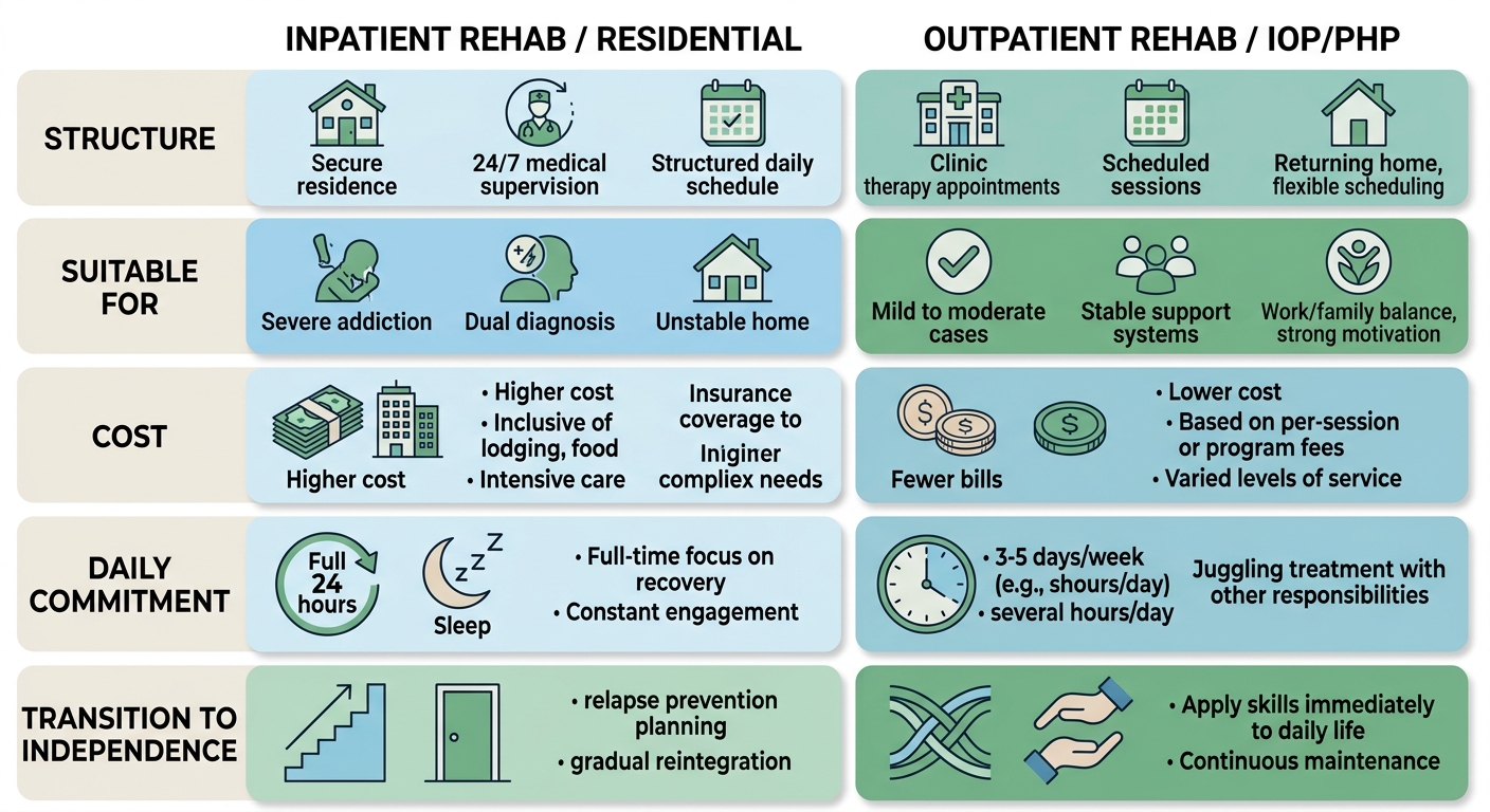 Side-by-side infographic comparing inpatient and outpatient drug rehab structures, suitability, and commitment levels for Langhorne, PA residents.