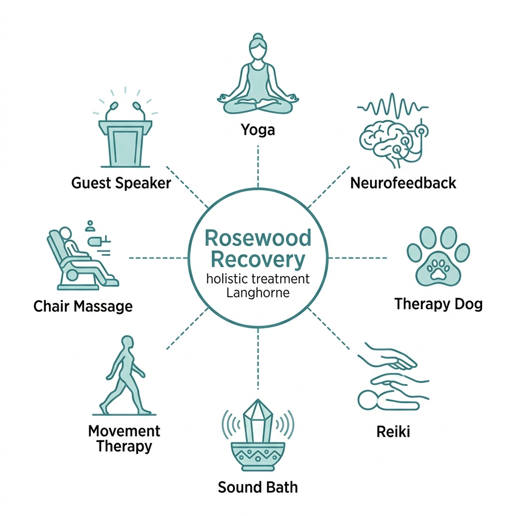 Hub and spoke diagram showing eight holistic therapy modalities offered at Rosewood Recovery in Langhorne.