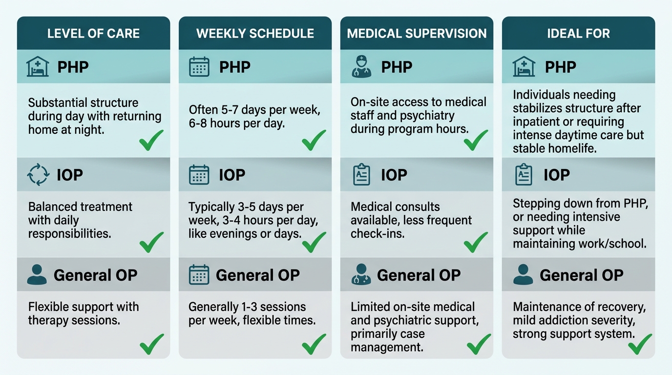 Infographic comparing three levels of addiction treatment care in a clean table layout: PHP with high supervision for detox transition, IOP with moderate supervision for work-life balance, and General OP with low supervision for long-term maintenance.