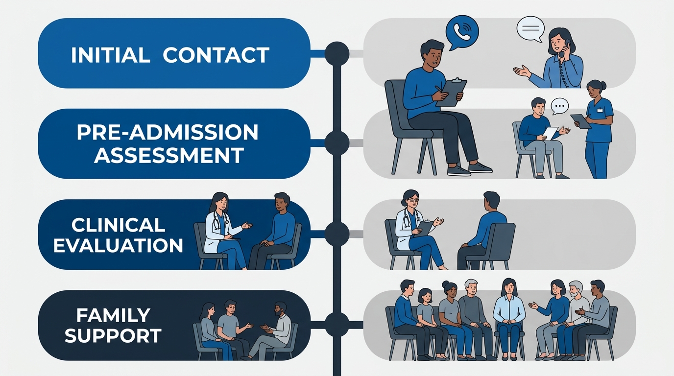 A vertical diagram showing four stages of the intake process for an addiction counseling center: Initial Contact, Pre-Admission Assessment, Clinical Evaluation, and Family Support.