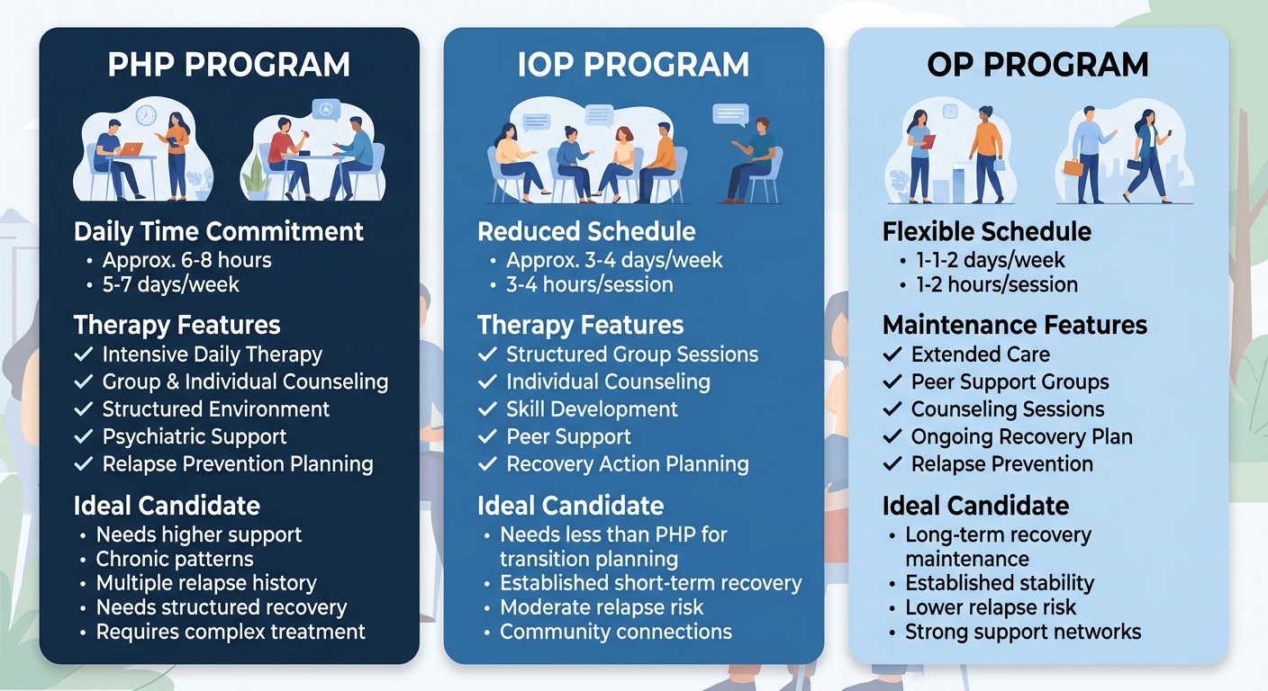 Infographic comparing three levels of substance abuse treatment programs at Rosewood Recovery: Partial Hospitalization Program, Intensive Outpatient Program, and General Outpatient Program, each with time commitments and features.