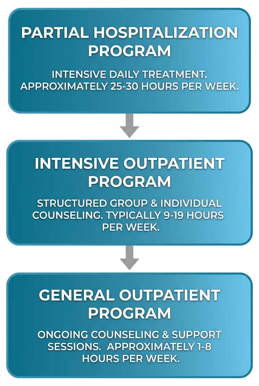 A vertical process flow diagram describing three stages of addiction treatment: Partial Hospitalization Program, Intensive Outpatient Program, and General Outpatient Program.