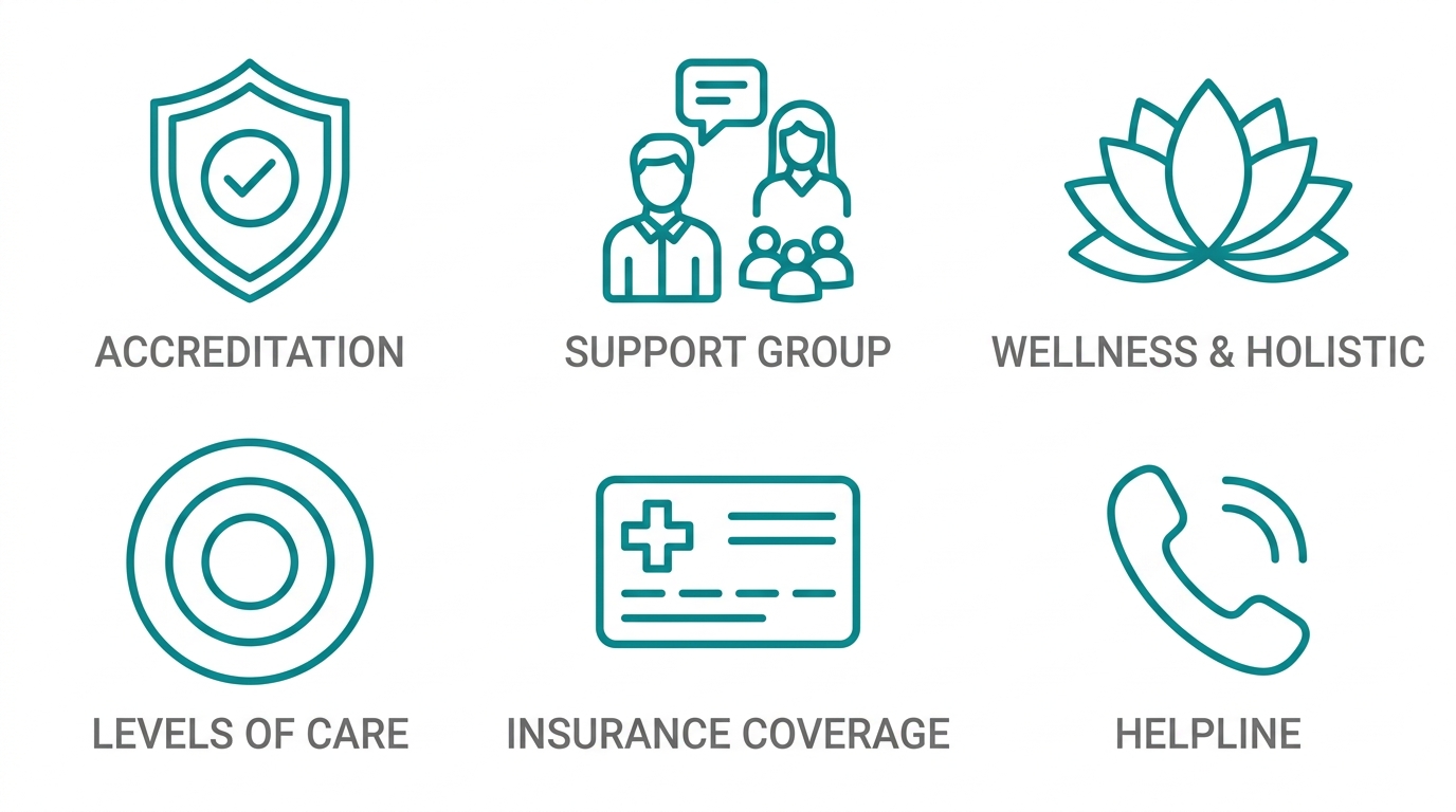 Grid of six outline icons representing key factors in choosing drug rehabilitation: accreditation, low staff-to-patient ratio, holistic therapies, multiple levels of care, insurance acceptance, and 24/7 support.