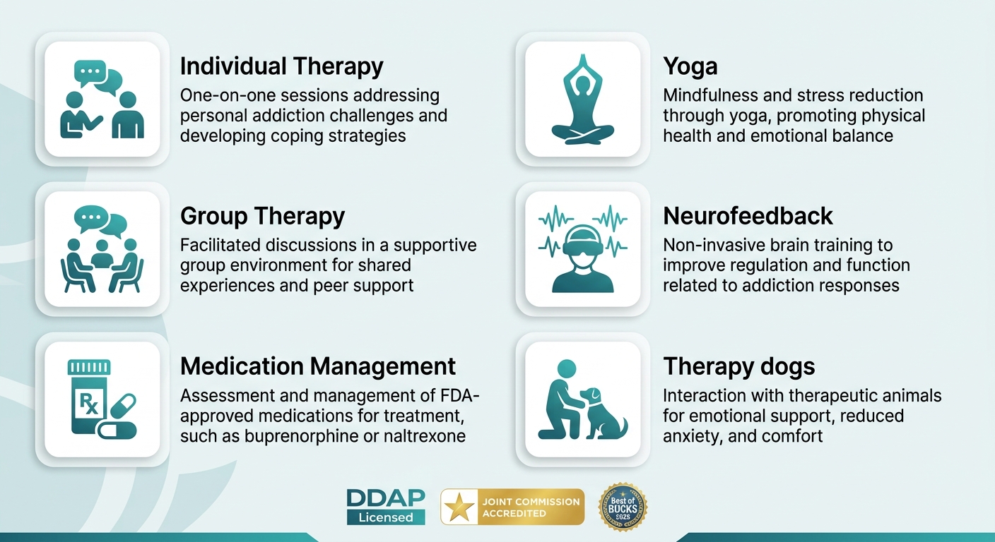 Infographic showing six core addiction treatment services at a Langhorne rehabilitation clinic, including individual therapy, group therapy, medication management, yoga, neurofeedback, and therapy dogs, with accreditation badges at the bottom.