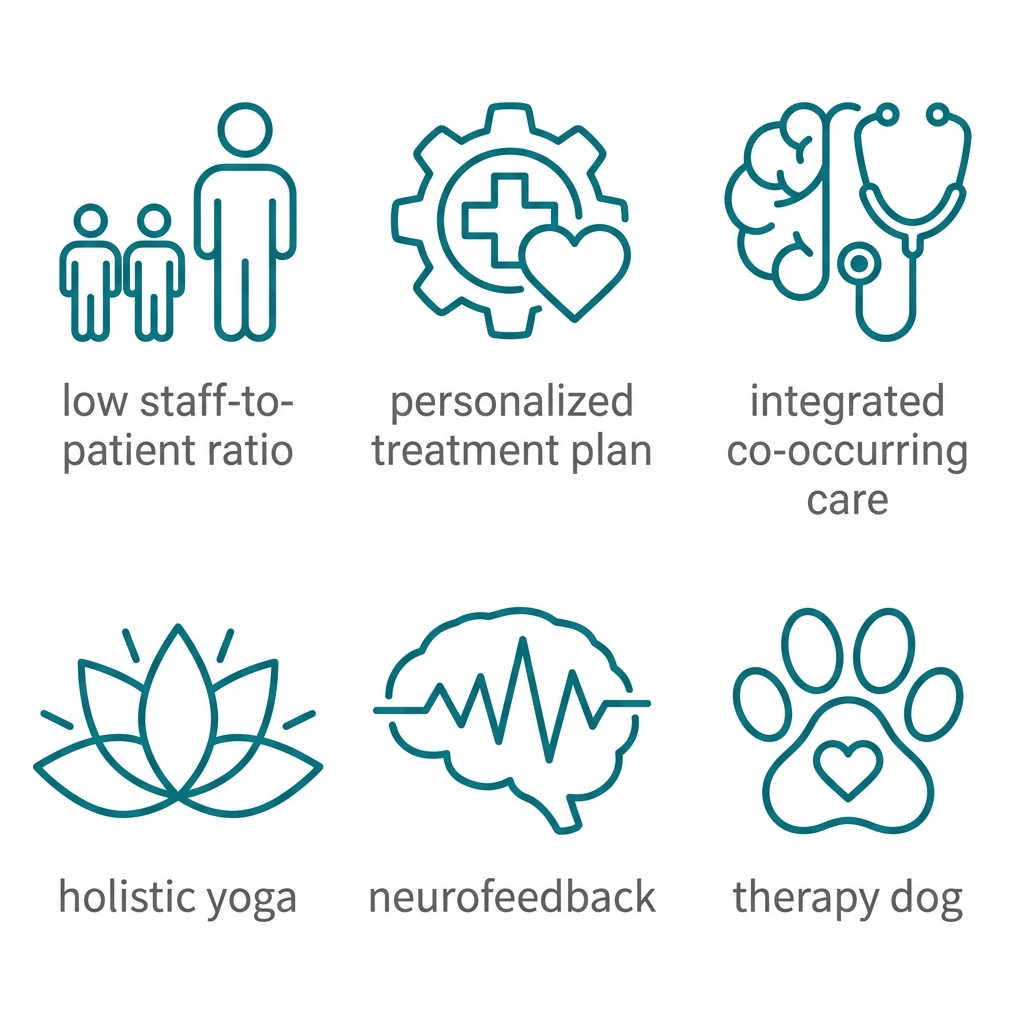 Set of six outlined icons in teal on a white background, arranged in two rows of three, representing low staff-to-patient ratio, personalized treatment, integrated care, yoga, neurofeedback, and a therapy dog, with labels underneath each.