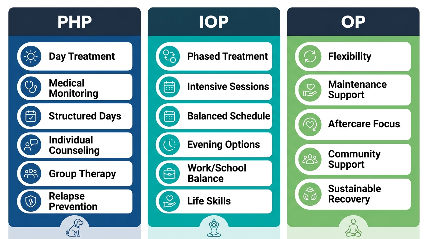 Infographic comparing three levels of care for alcohol addiction treatment: PHP, IOP, and OP programs with holistic offerings.