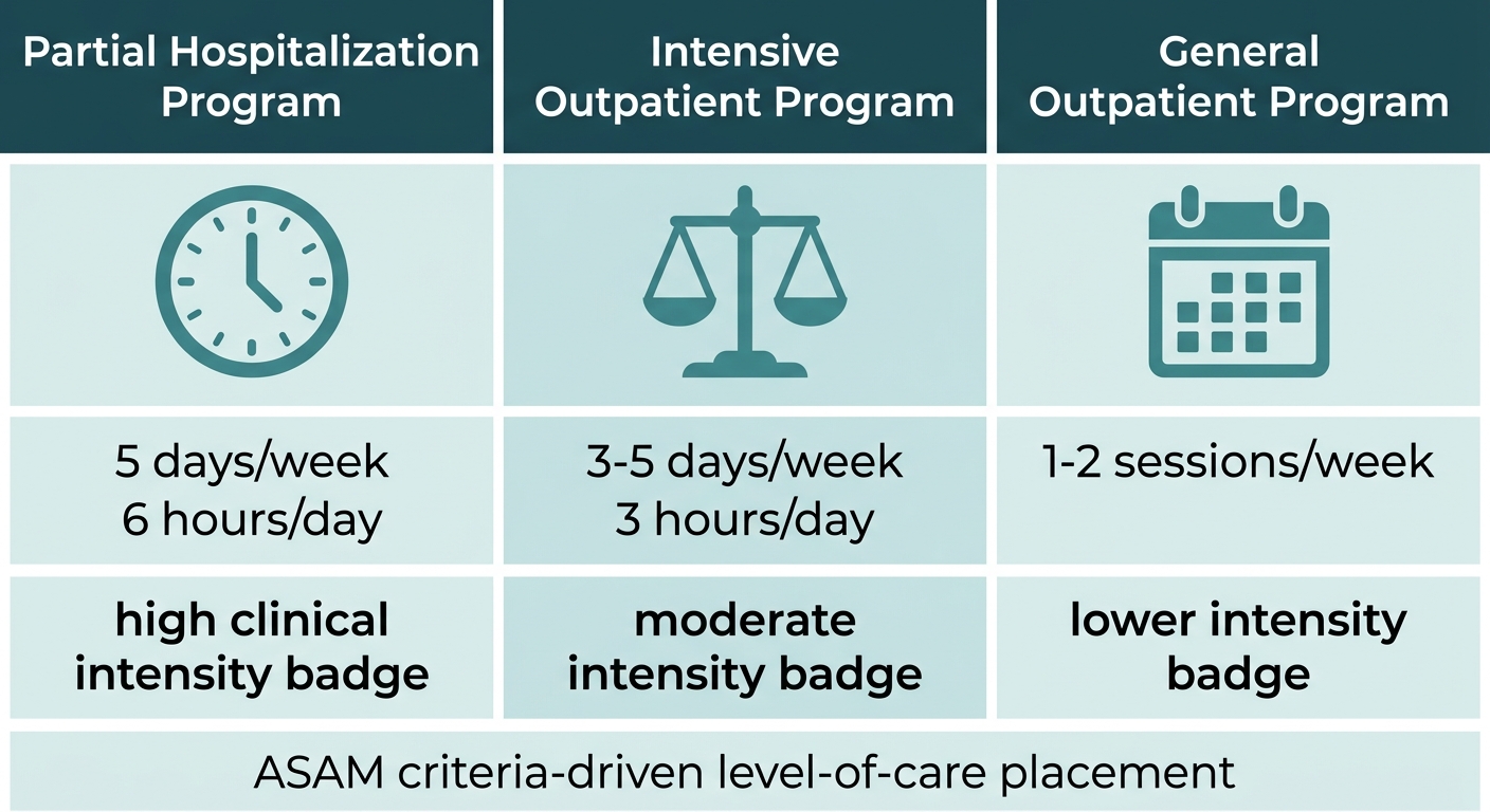Comparison chart of three substance abuse treatment levels offered by Rosewood Recovery