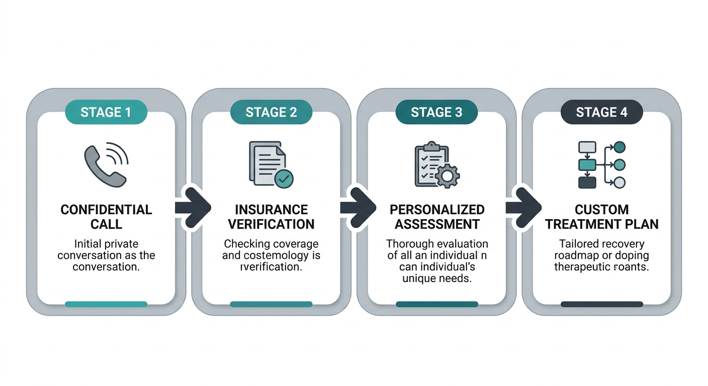 A four-step horizontal process flow illustrating the intake and admission journey at Rosewood Recovery