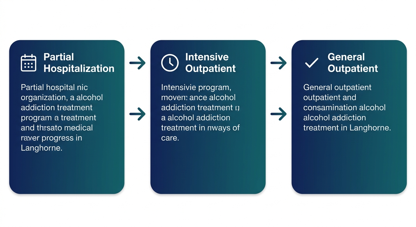 A horizontal process flow showing three progressive levels of alcohol addiction outpatient care: Partial Hospitalization Program, Intensive Outpatient Program, and General Outpatient Program, connected by arrows.