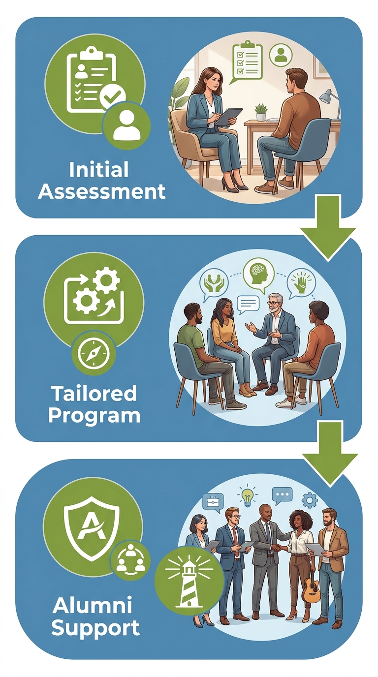 Three-step vertical process flow diagram illustrating the alcohol rehabilitation journey at Rosewood Recovery, including initial assessment, tailored programs, and alumni support with downward connecting arrows.