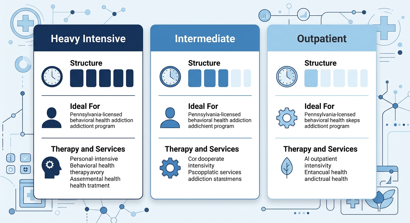 Infographic chart comparing three addiction treatment programs: Partial Hospitalization, Intensive Outpatient, and Outpatient, showing structure, ideal candidates, and therapy services using blue gradient indicators and simple icons.