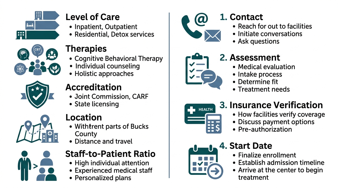 Infographic comparing factors to consider and steps for starting alcohol rehab treatment in Bucks County