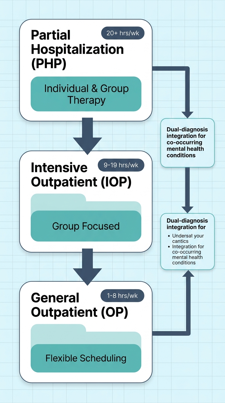 A vertical flow diagram showing the three levels of outpatient alcohol rehab, from the most intensive Partial Hospitalization Program down to a flexible General Outpatient Program, with a dual-diagnosis sidebar for mental health.
