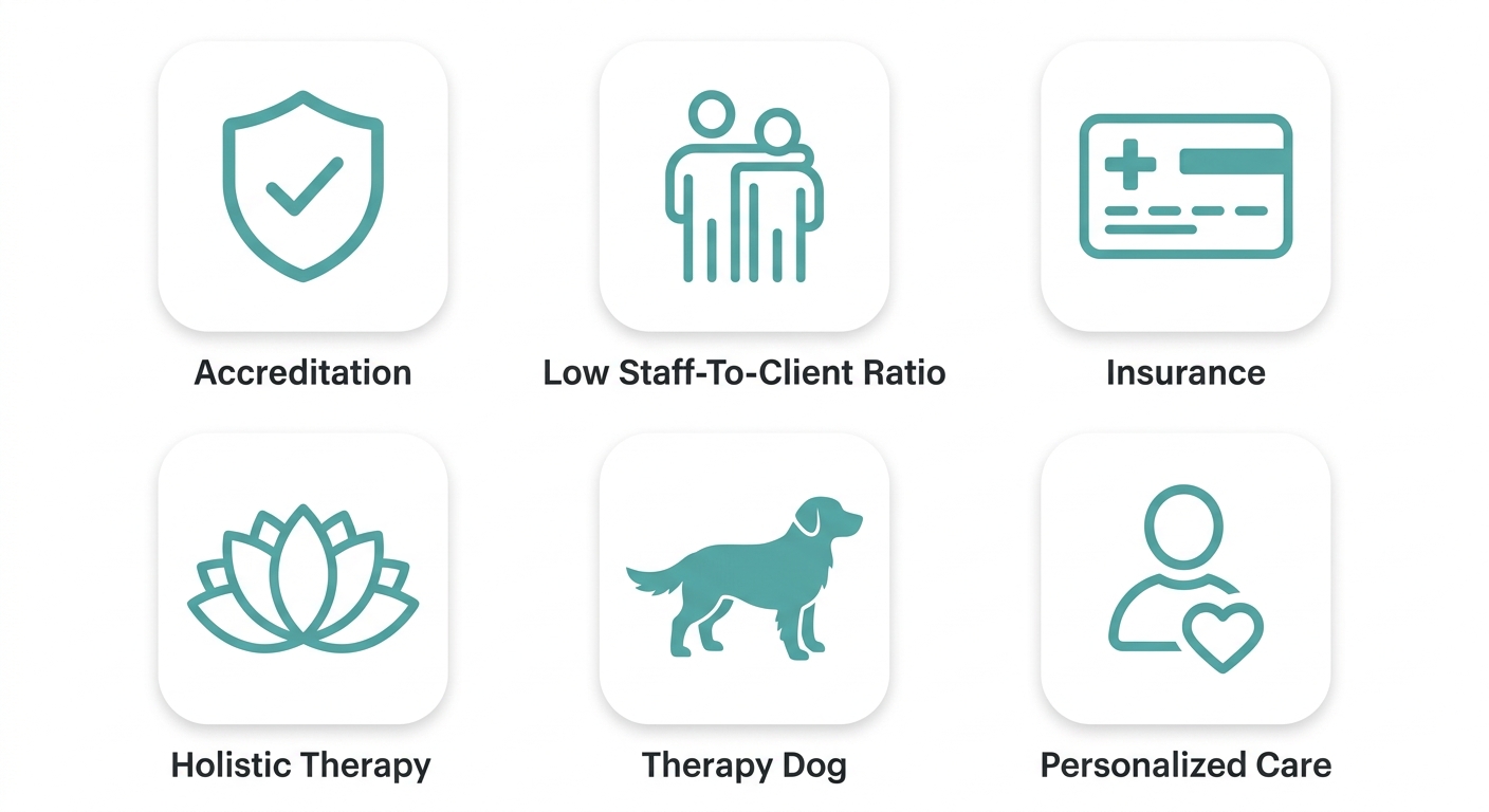 Six flat icons representing factors for selecting a drug abuse counseling center: accreditation, low staff-to-client ratio, insurance, holistic therapy, therapy dog, and personalized care, in soft teal on white.
