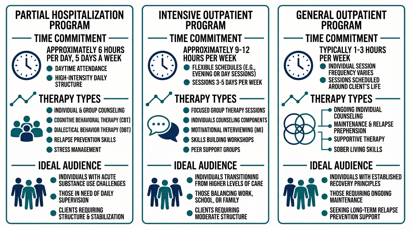 Side-by-side comparison of Partial Hospitalization, Intensive Outpatient, and General Outpatient addiction treatment program levels in Bucks County.