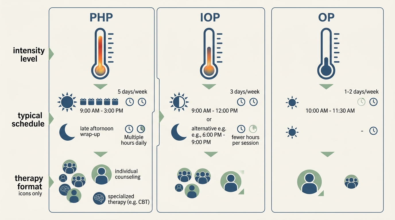Infographic comparing three outpatient alcohol treatment programs near Richboro: PHP, IOP, and OP, detailing intensity, schedule, and therapy formats.