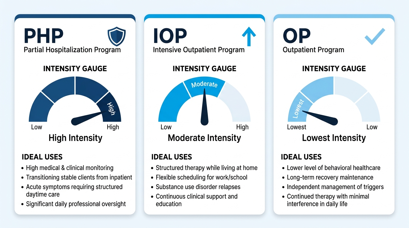 Infographic comparing Partial Hospitalization, Intensive Outpatient, and General Outpatient programs with intensity gauges and ideal uses, no titles.
