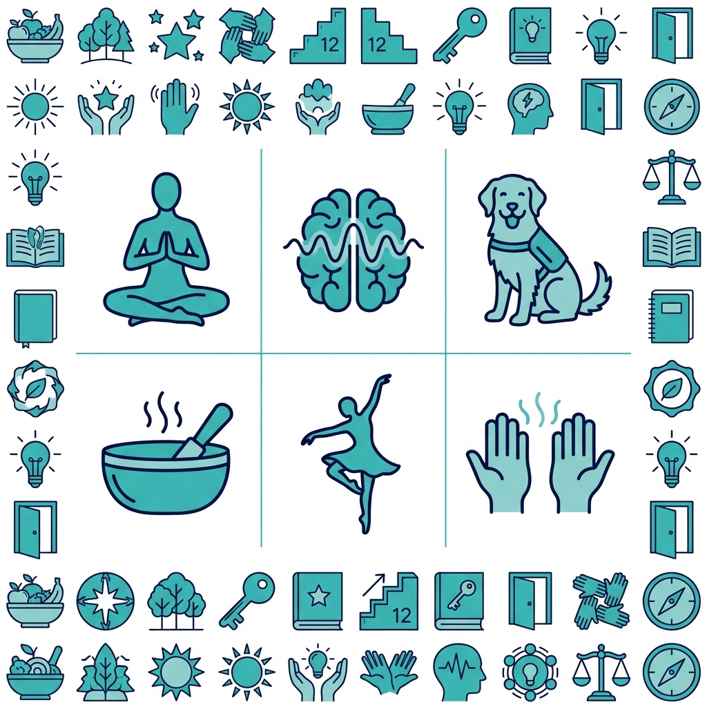 Grid of six icons representing holistic addiction treatment modalities: yoga, neurofeedback, animal therapy, sound therapy, movement therapy, and Reiki energy healing.