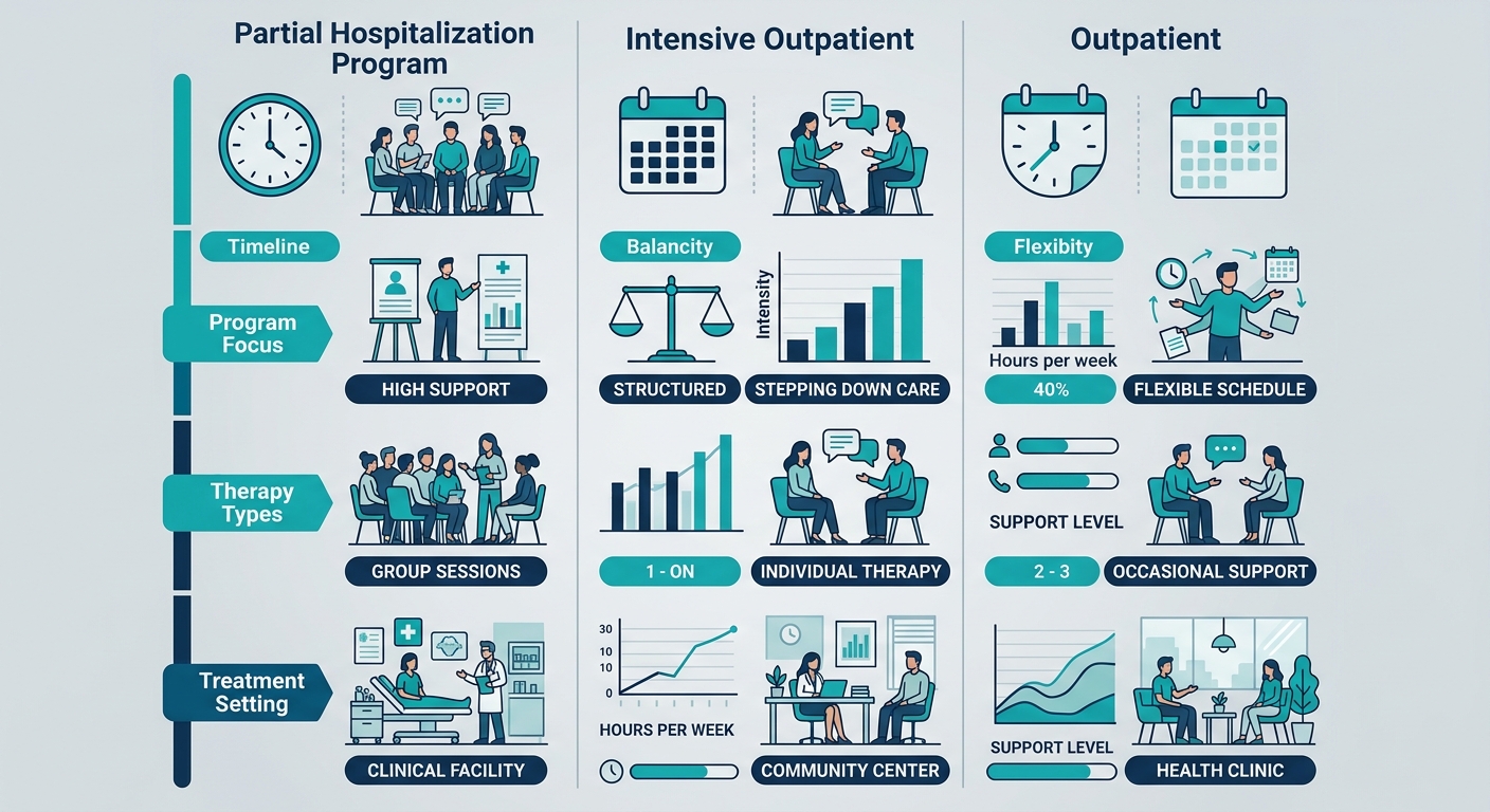 Comparison of substance abuse treatment programs in Bucks County showing Partial Hospitalization, Intensive Outpatient, and Outpatient options.