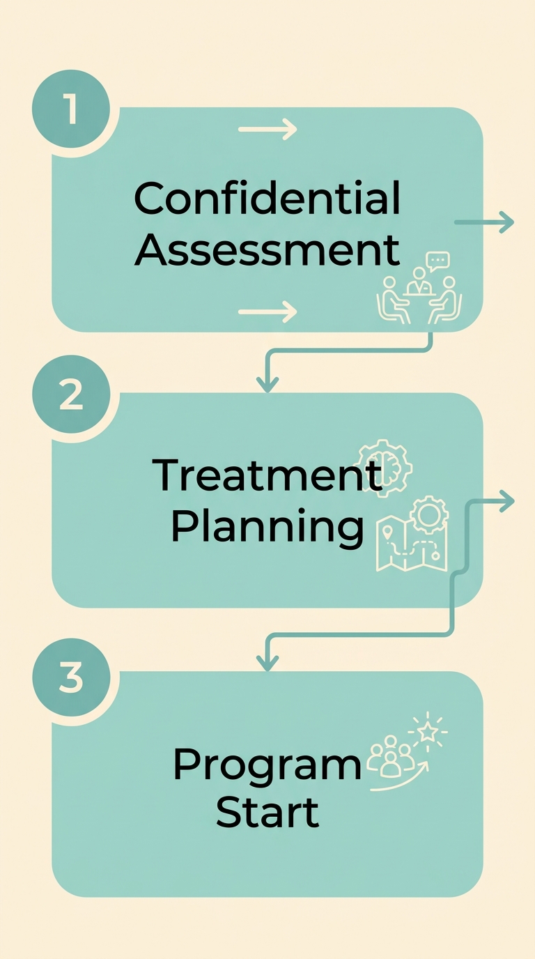 Three-step vertical process flow for starting depression counseling at Rosewood Recovery, featuring assessment, planning, and program start stages with gentle teal gradient and icons.