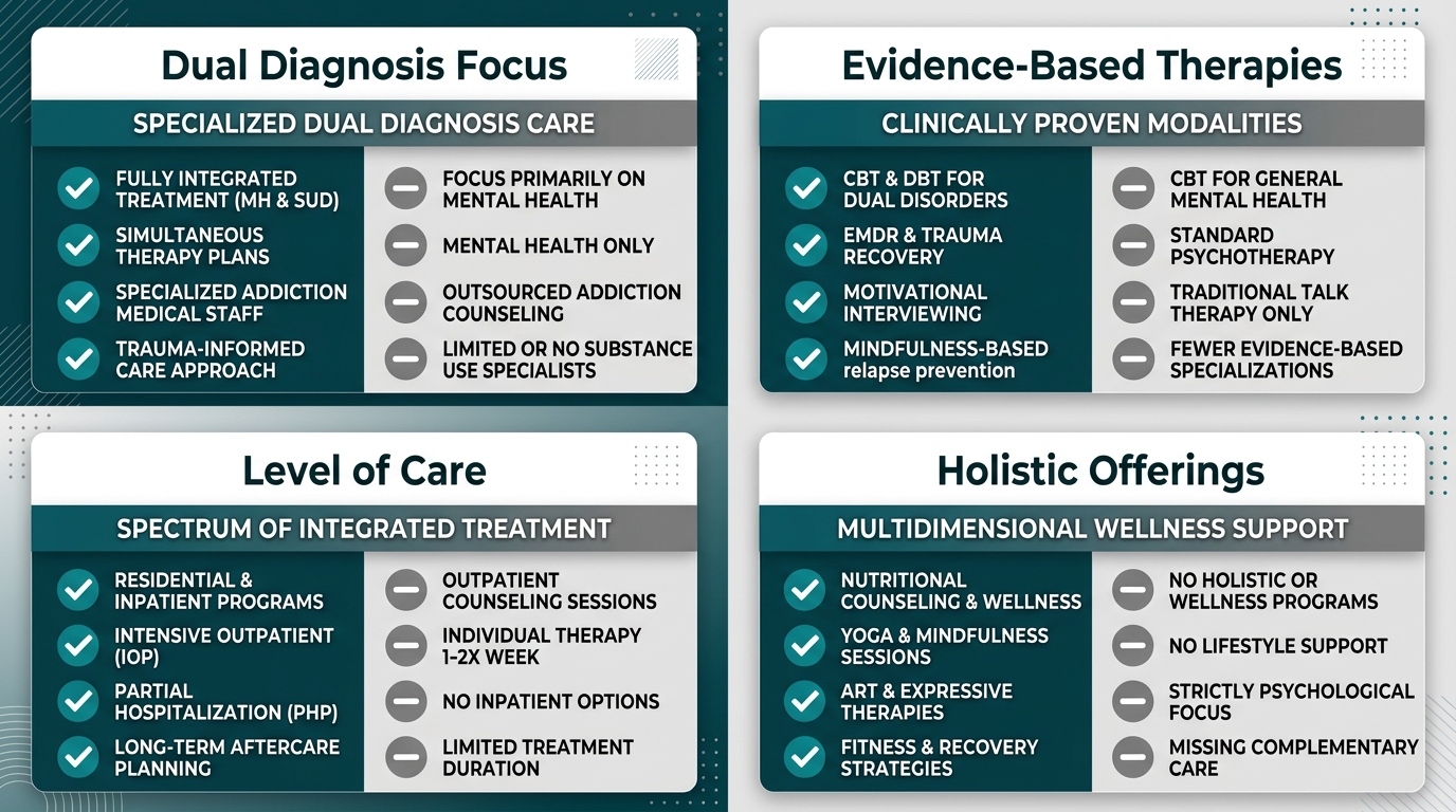 A professional infographic comparing the comprehensive, integrated care model of Rosewood Recovery with a standard therapy clinic, highlighting dual diagnosis focus, evidence-based therapies, level of care, and holistic offerings with clear checkmark and dash icon indicators.