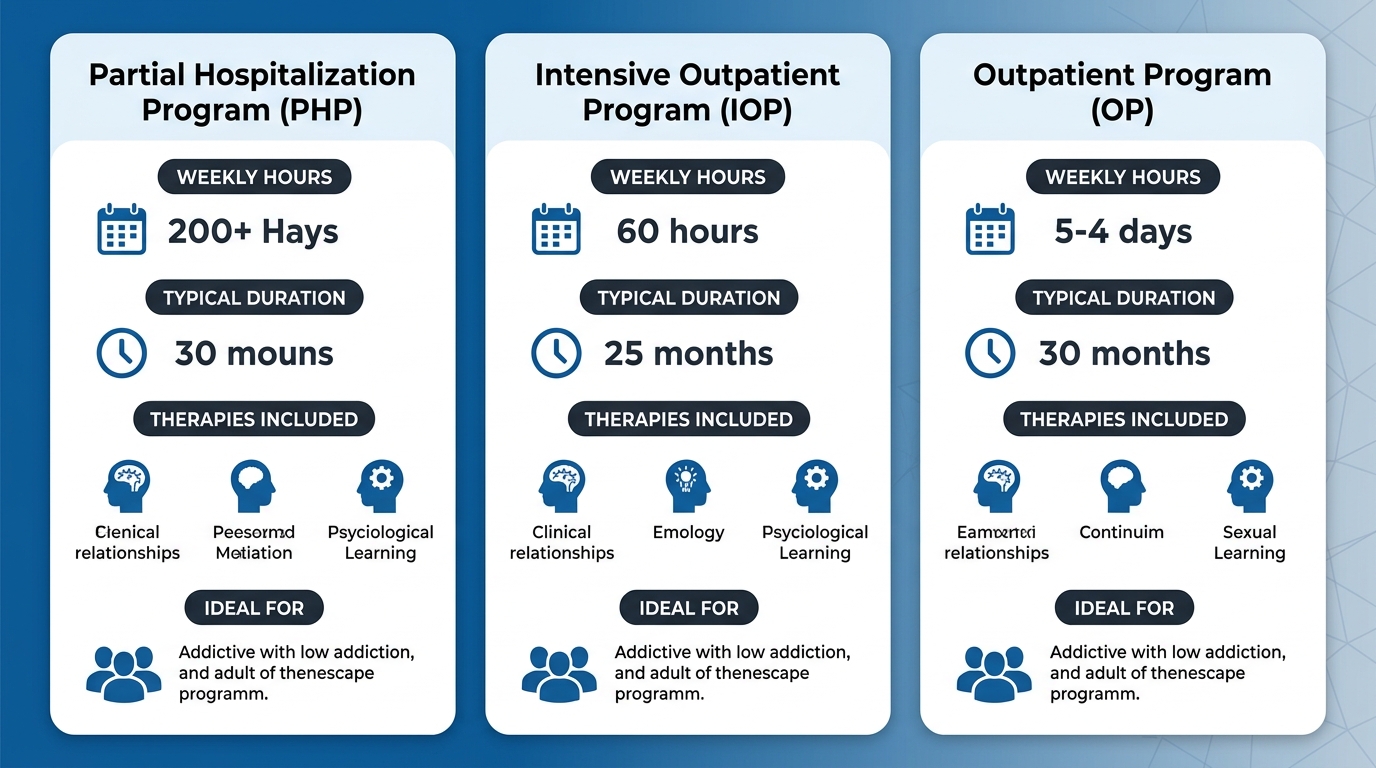 Infographic comparing three addiction treatment programs: Partial Hospitalization, Intensive Outpatient, and General Outpatient, showing key characteristics for each level of care.