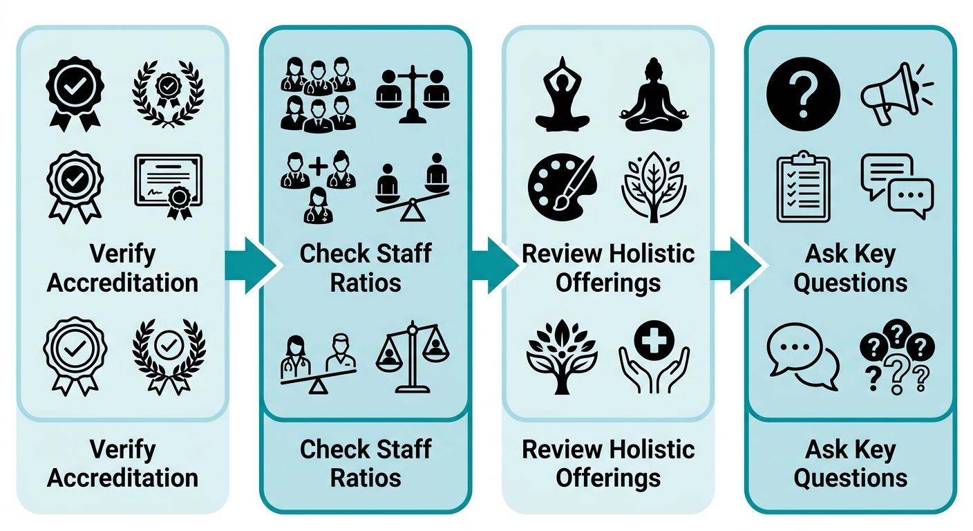 Flowchart showing the four steps to choose an addiction rehab center: verify accreditation, check staff ratios, review holistic offerings, and ask key questions.
