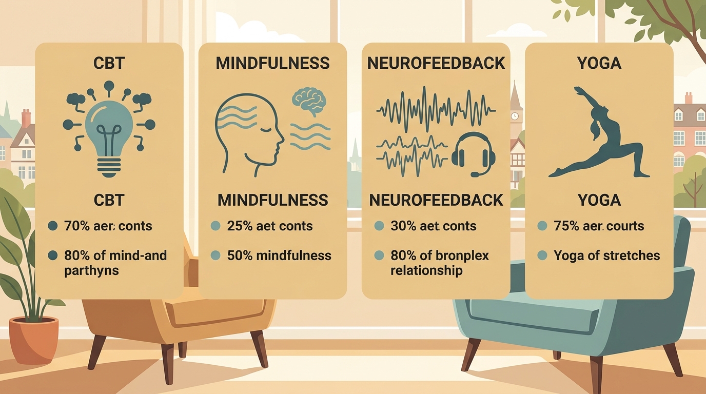 Infographic depicting anxiety therapy icons for CBT, mindfulness, neurofeedback, and yoga with a therapy room background.