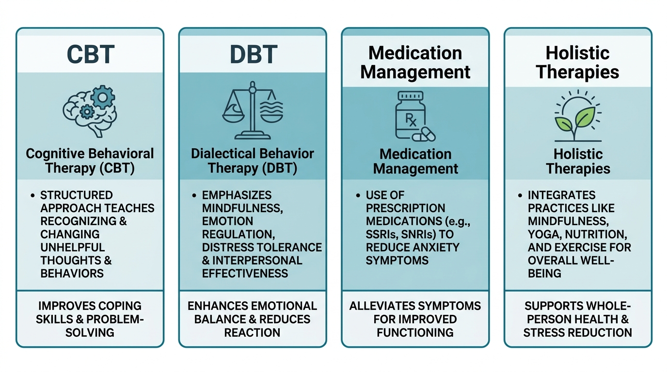 A four-column infographic comparing CBT, DBT, Medication Management, and Holistic Therapies for integrated anxiety and substance use treatment.