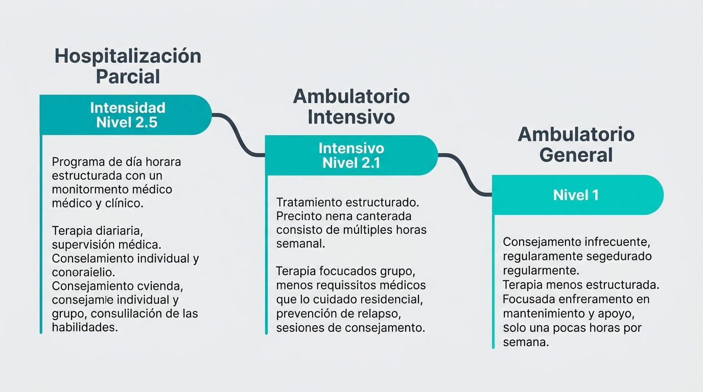 Diagrama de flujo del proceso que muestra tres niveles de atención ambulatoria para el tratamiento de adicciones: Hospitalización Parcial, Programa Ambulatorio Intensivo y Ambulatorio General, que representan un descenso en la intensidad del tratamiento.
