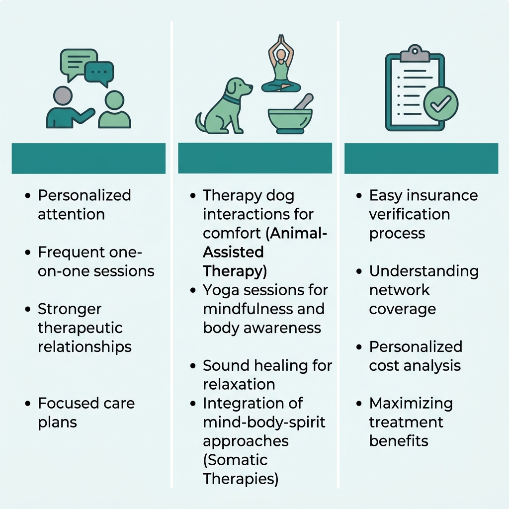 Three-column infographic comparing personalized addiction treatment benefits: low staff-to-client ratio, holistic and somatic approaches, and insurance coverage check at Rosewood Recovery.