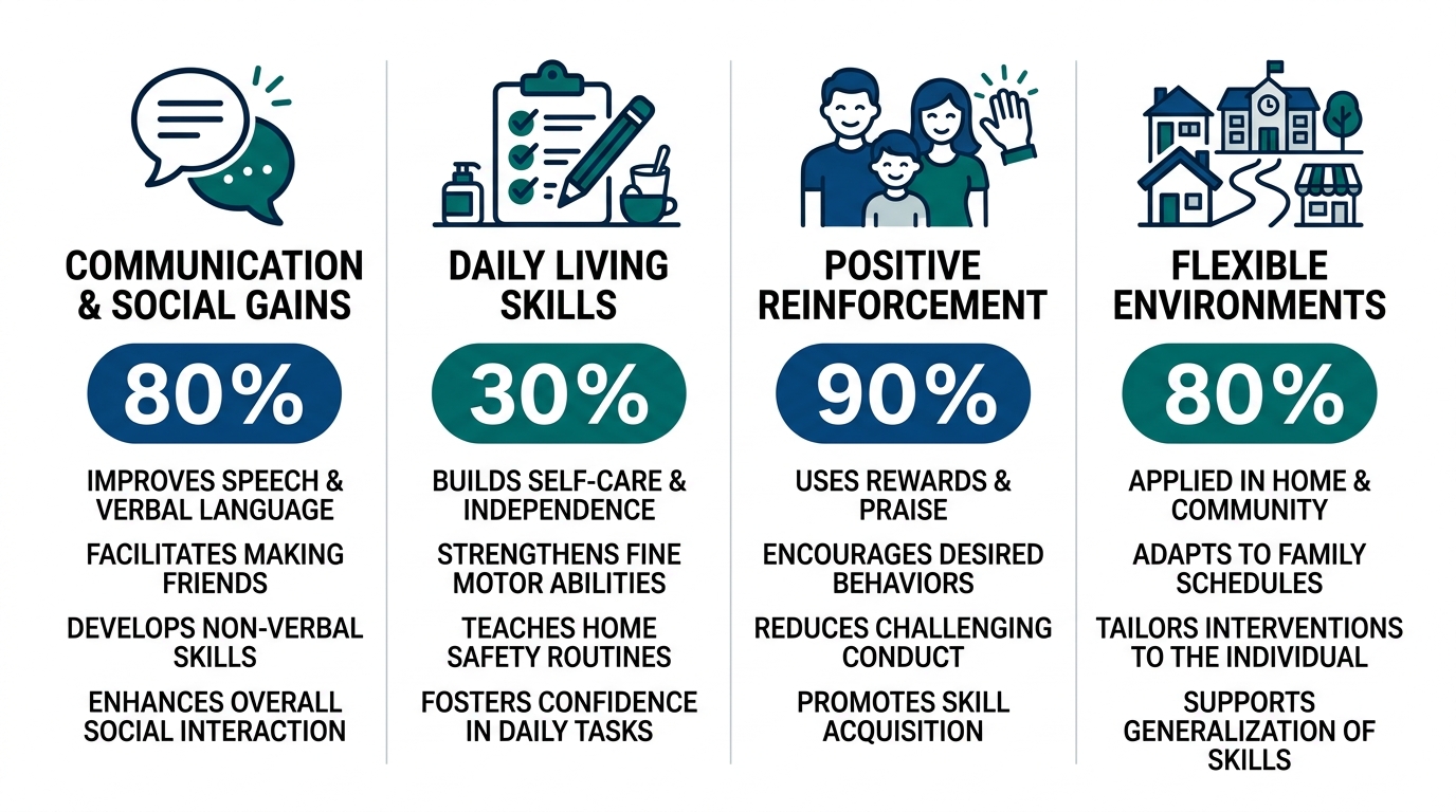 Infographic showing four key benefits of ABA therapy: improved communication, daily living skills, positive reinforcement, and flexible service environments.