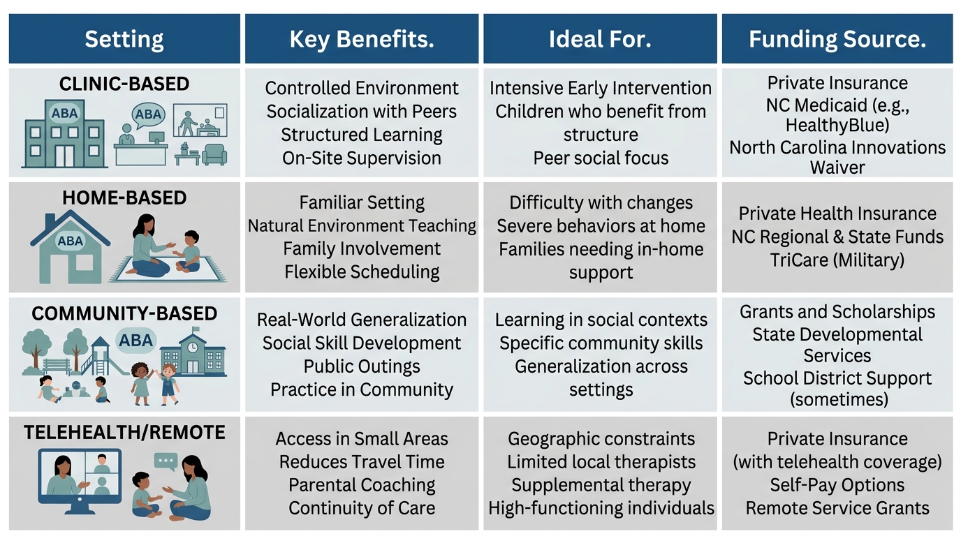 Comparison table showing four ABA therapy settings in Charlotte with columns for key benefits, ideal candidates, and common funding sources.