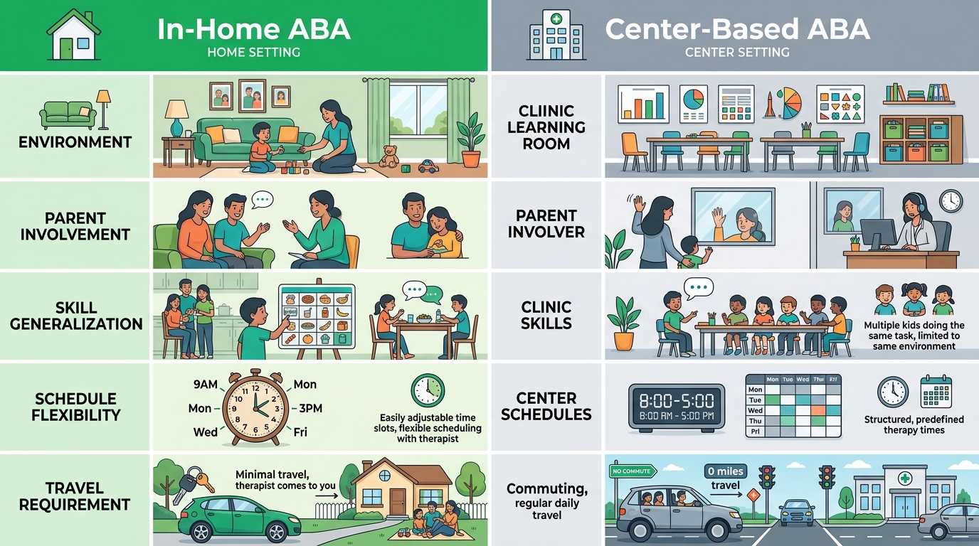Side by side comparison of five key features of in home and center based ABA therapy including environment, parent involvement, skill generalization, schedule flexibility, and travel requirement