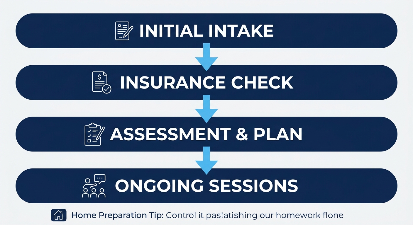 A vertical, four-step process flow diagram showing the journey to start in-home ABA therapy, from intake to ongoing sessions.