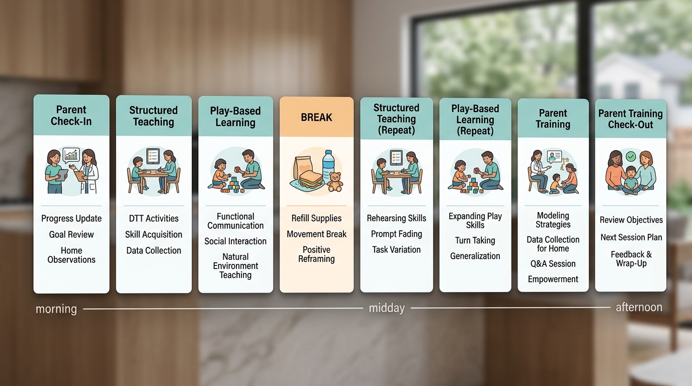 Infographic of a daily in-home ABA therapy schedule in Charlotte, NC, showing a timeline of session blocks from Parent Check-In to Parent Training.