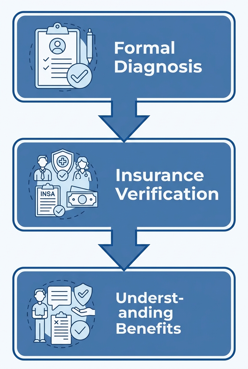 A vertical three-step process flow for starting in-home ABA therapy in Charlotte, showing Formal Diagnosis, Insurance Verification, and Understanding Benefits with warm blue rounded cards and connecting arrows.