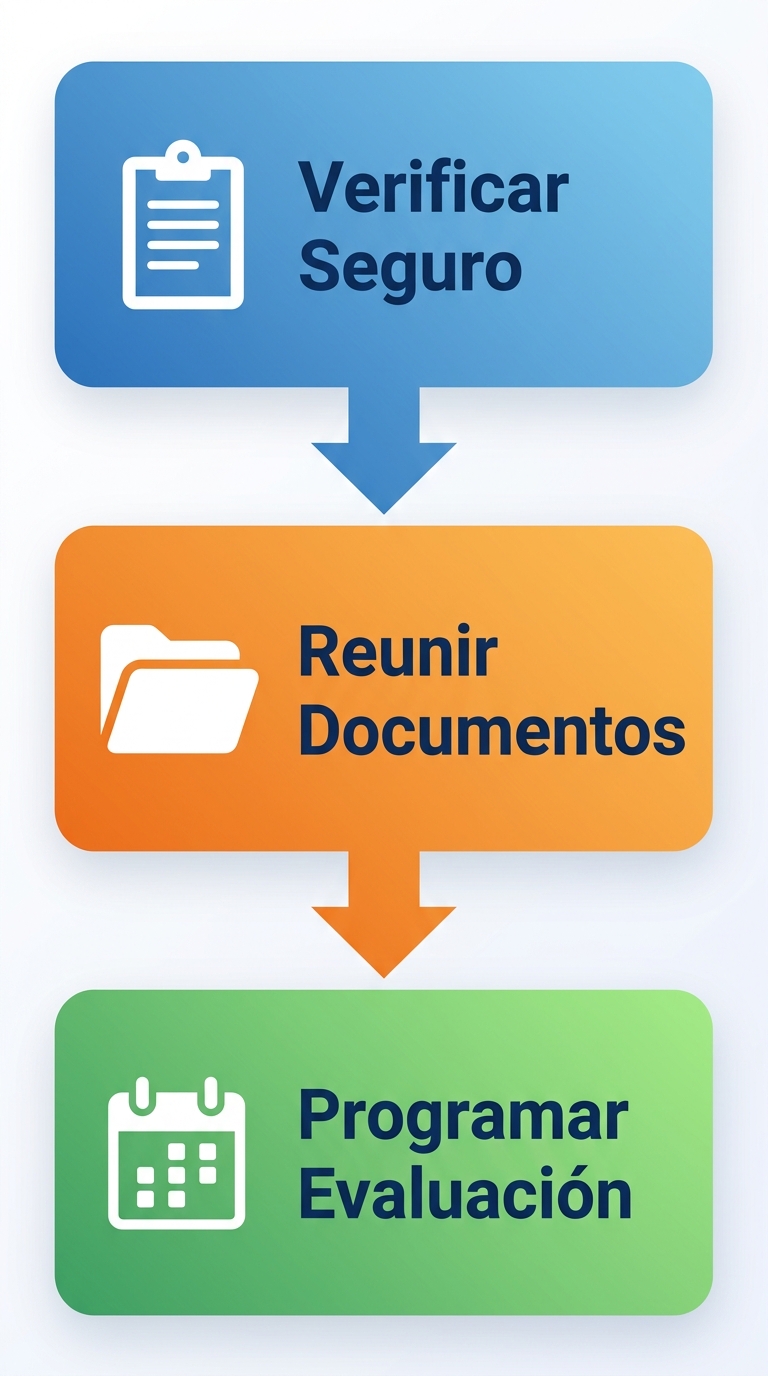Diagrama de flujo vertical que muestra tres pasos de preparación para la terapia ABA en Raleigh: Verificar Seguro, Reunir Documentos y Programar Evaluación.