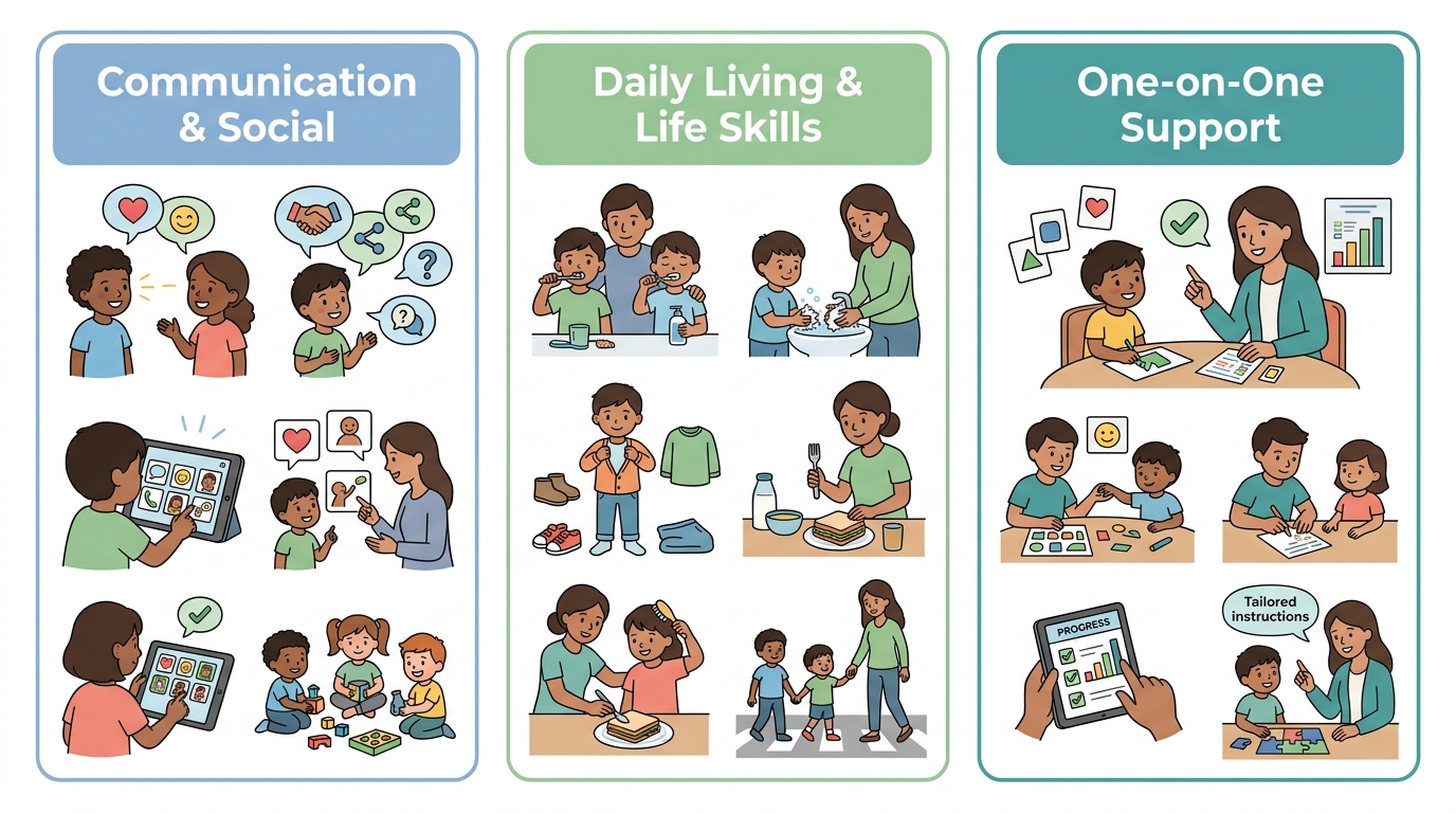 Three-column infographic illustrating core benefits of ABA therapy: Communication and Social Engagement, Daily Living and Life Skills, and One-on-One Support and Family Collaboration.