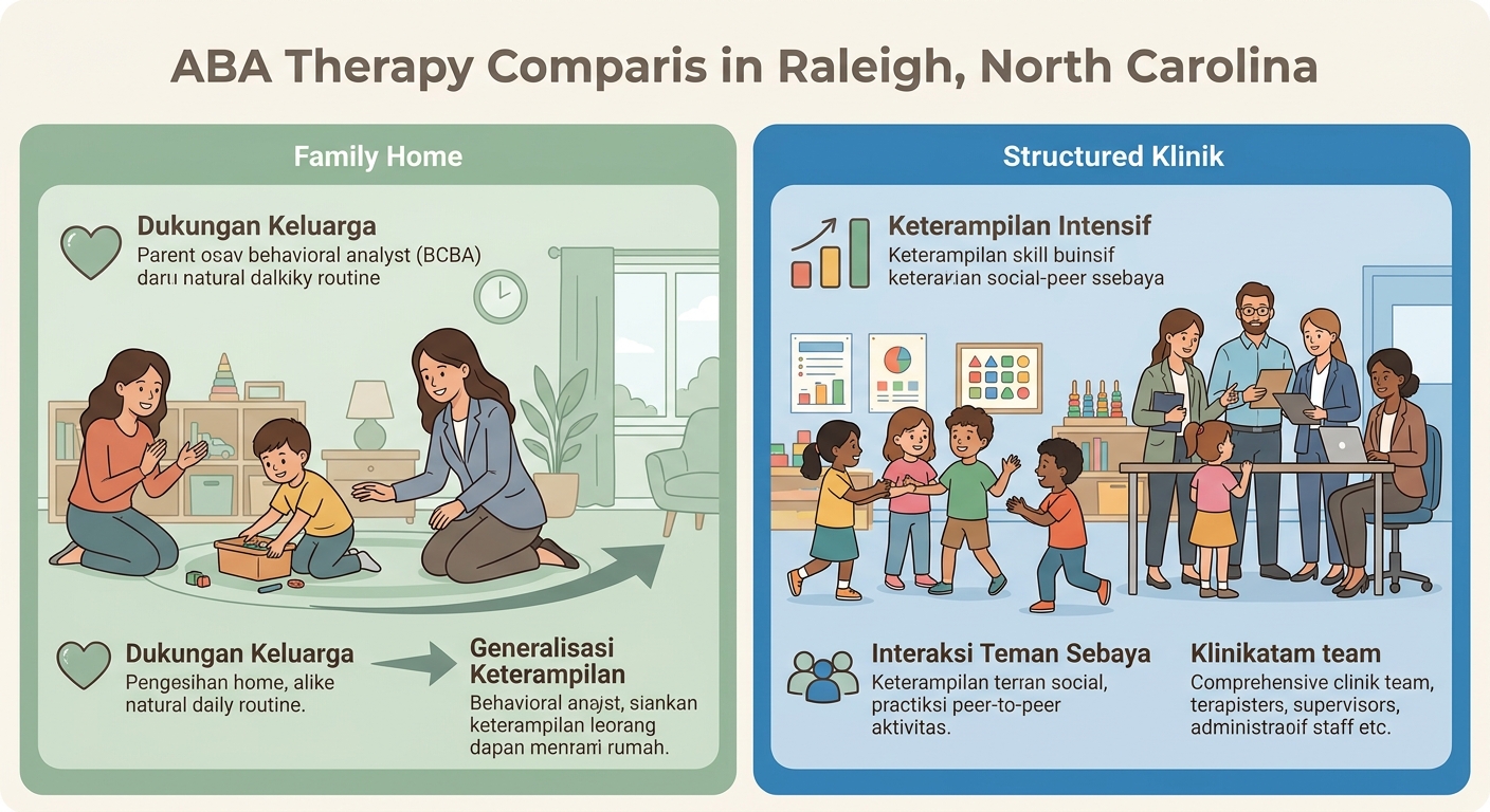 Infografis perbandingan berdampingan dari pilihan Terapi ABA di Rumah dan di Klinik di Raleigh dalam nada hangat dan profesional.