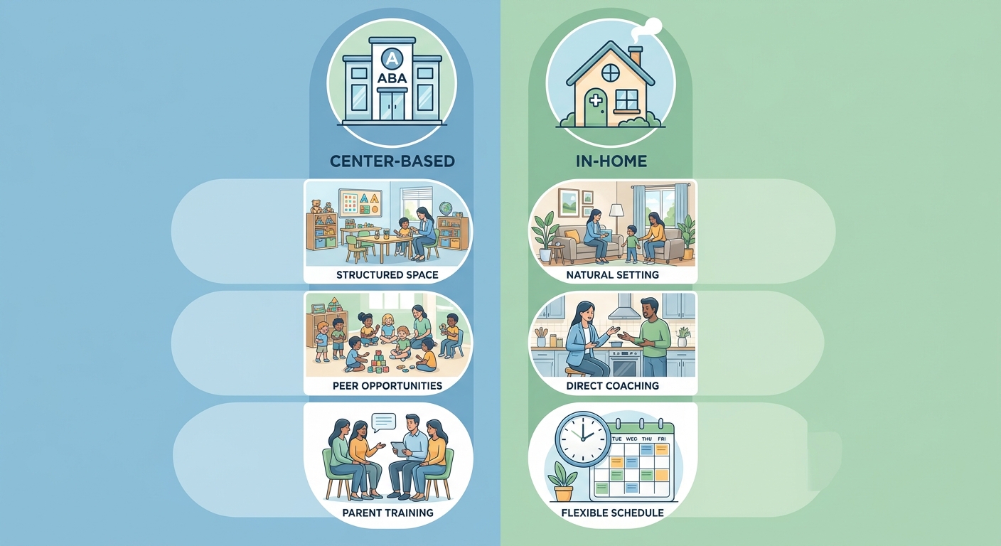 Infographic comparing center-based and in-home ABA therapy delivery models with key features for each