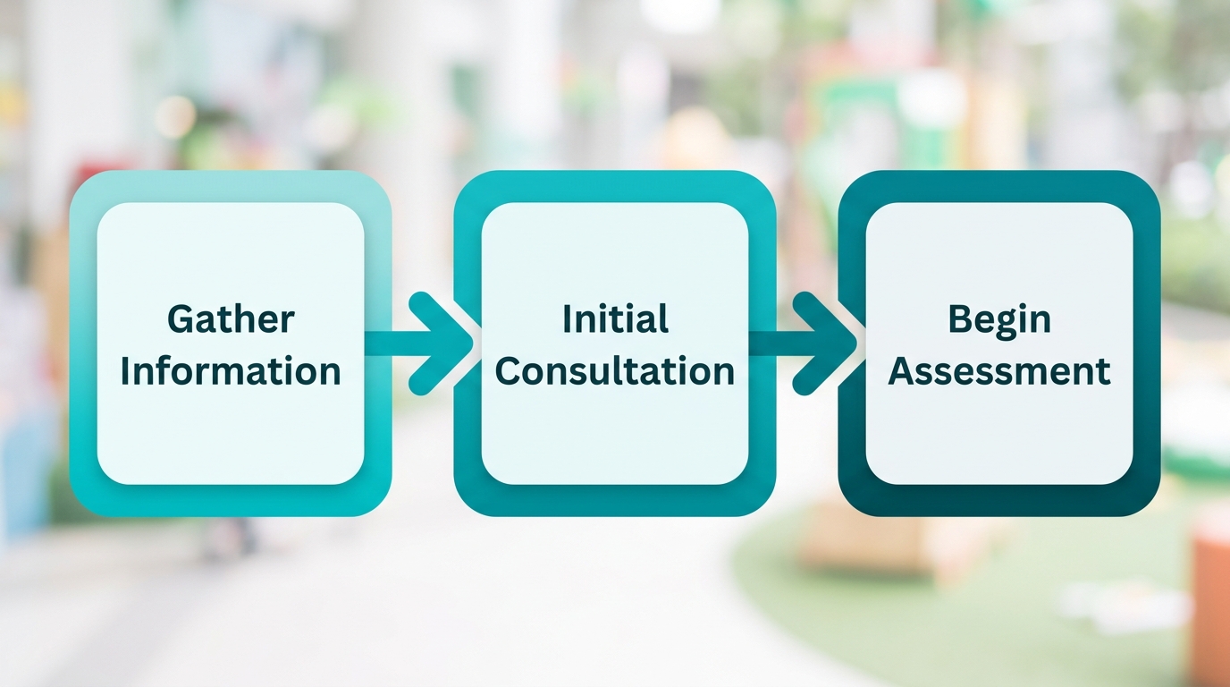 Process flow diagram showing three steps to start ABA therapy in Greensboro: gather information, schedule consultation, begin assessment.