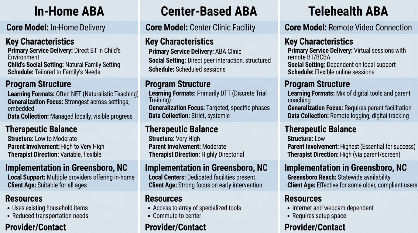 Comparison of three ABA therapy service models available to Greensboro families: In-Home, Center-Based, and Telehealth.