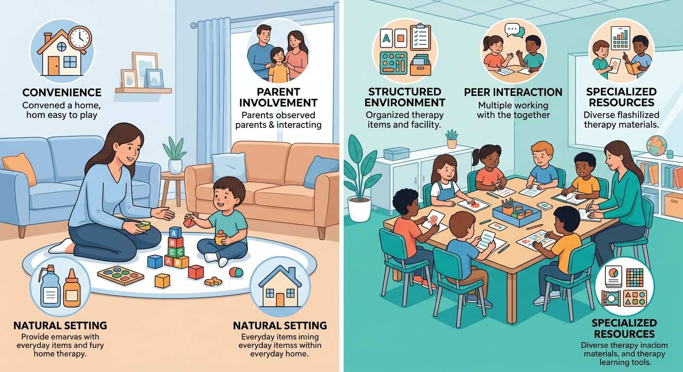Side-by-side comparison infographic of home-based versus center-based ABA therapy settings in Durham, North Carolina.