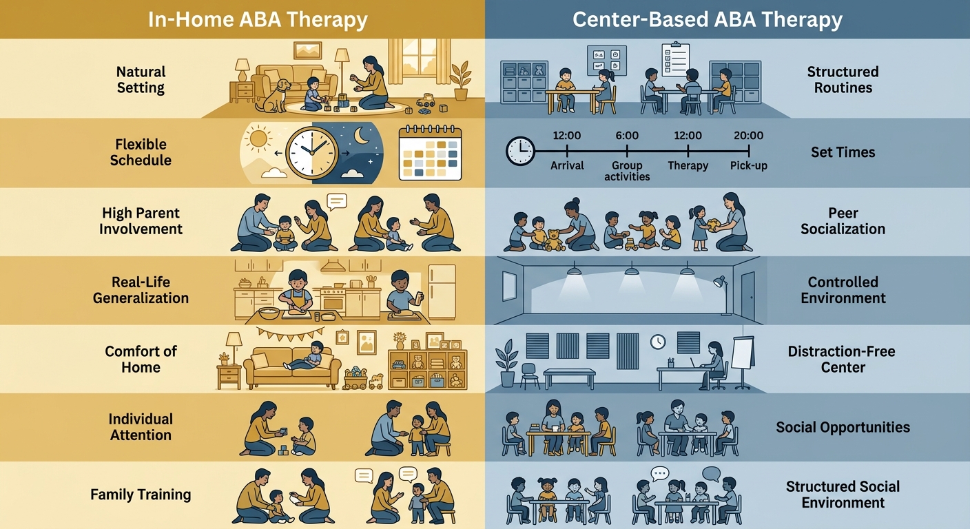 Side-by-side comparison infographic of In-Home versus Center-Based ABA therapy options, using warm gold and cool blue colors to contrast seven key factors.