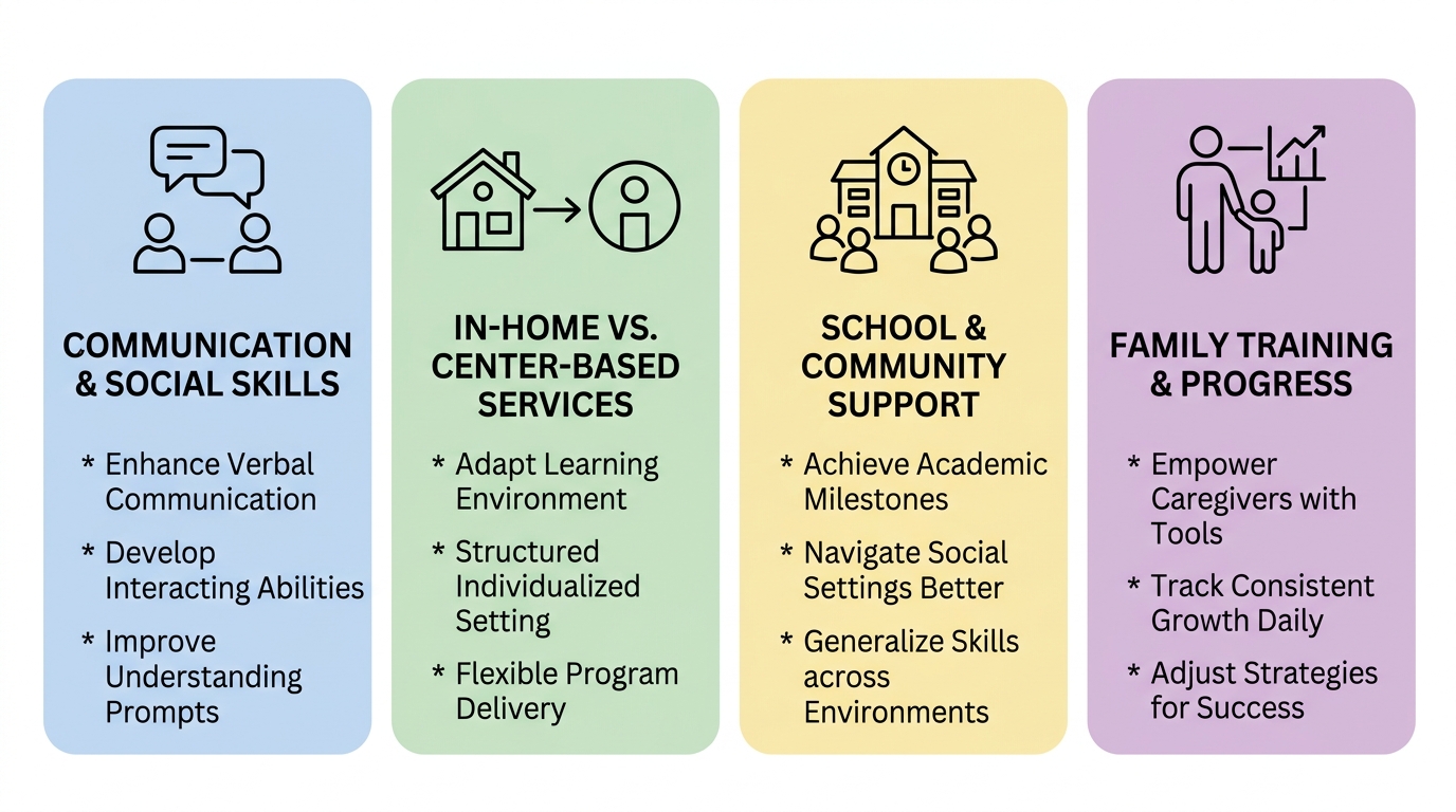 Infographic comparing four key benefits of ABA therapy for families in Winston-Salem: Communication and Social Skills, In-Home vs. Center-Based options, School and Community Support, and Family Training and Progress, presented as four clean, modern cards with pastel backgrounds and icons.
