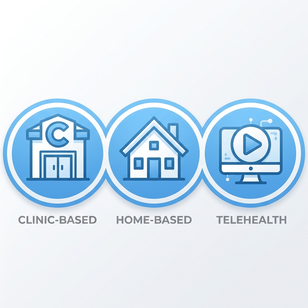 Three icons showing ABA therapy delivery options: center-based, in-home, and telehealth, on a clean white background